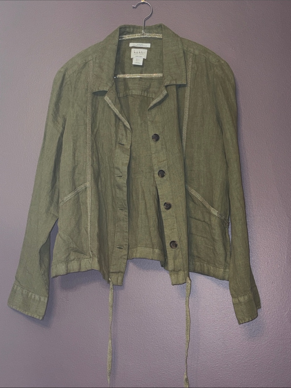 Nicole Miller Olive Green Linen Button-Front Jacket with drawstring bottom large